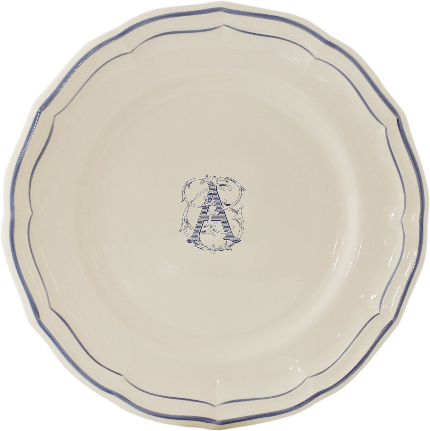 Gien Filets Bleu Dinner Plate Monogram A